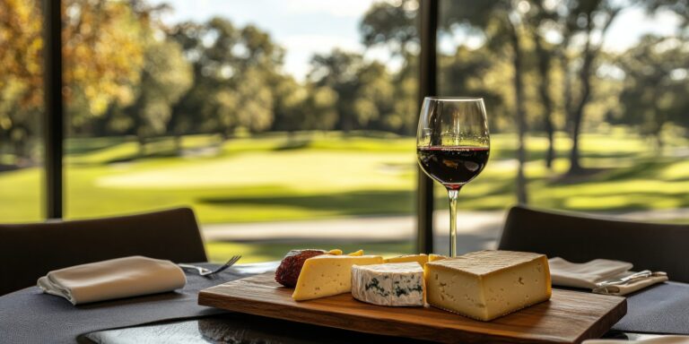 Närbild på ost och vin på ett bort framför en golfbana